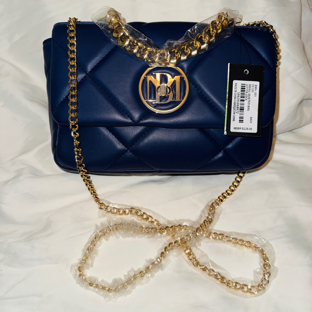 Badgley Mischka Navy Blue Quilted Shoulder Bag with Gold Chain